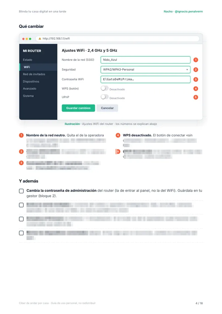 Página de la guía con los ajustes del router